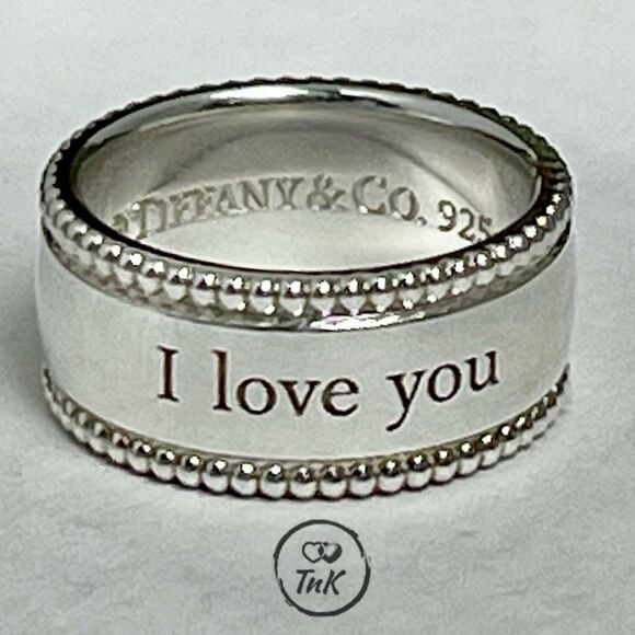 Tiffany I Love You Ring Beaded Milgrain 925 Silver Wide Band - Sz 4 - Picture 4 of 14